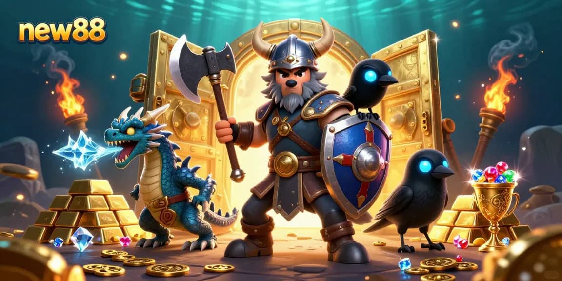 Join the adventure at new88 with a Viking warrior, dragon, and treasures in a vibrant casino scene.