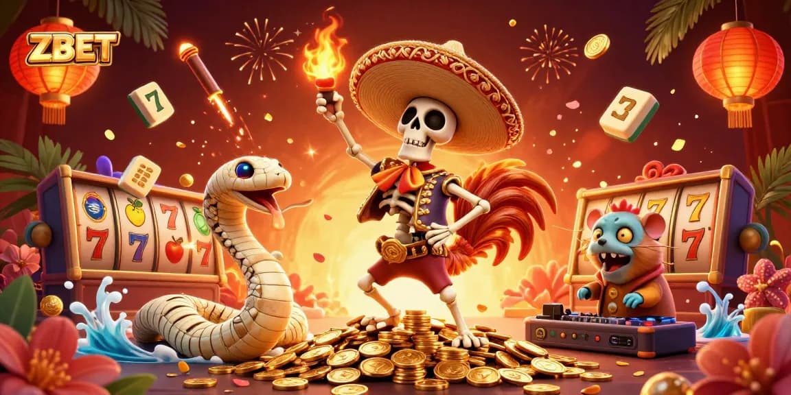 ZBET slots-themed illustration showing vibrant characters celebrating wins with dance and golden coins.