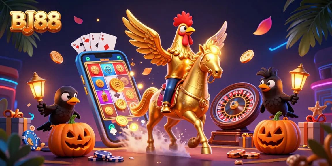 Engage with BJ88's vibrant gaming world featuring a golden rooster amidst rich casino elements.