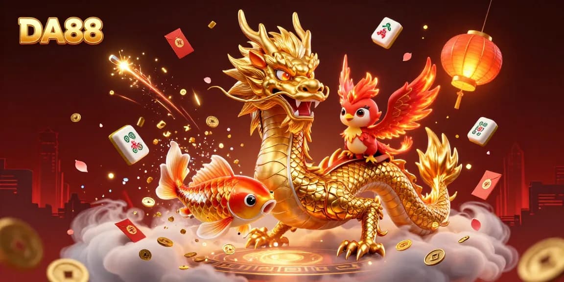Experience the thrill of DA88 with a 3D casino scene featuring a golden dragon and phoenix.