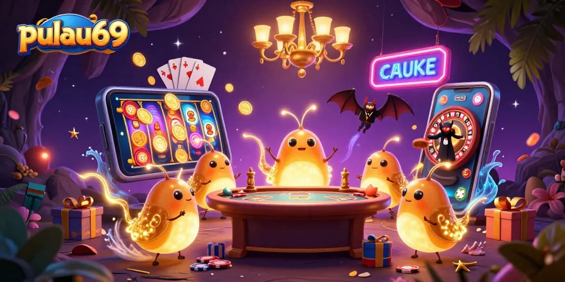 Engage in pulau69's vibrant casino scene with glowworms illuminating games and gold coins flying!