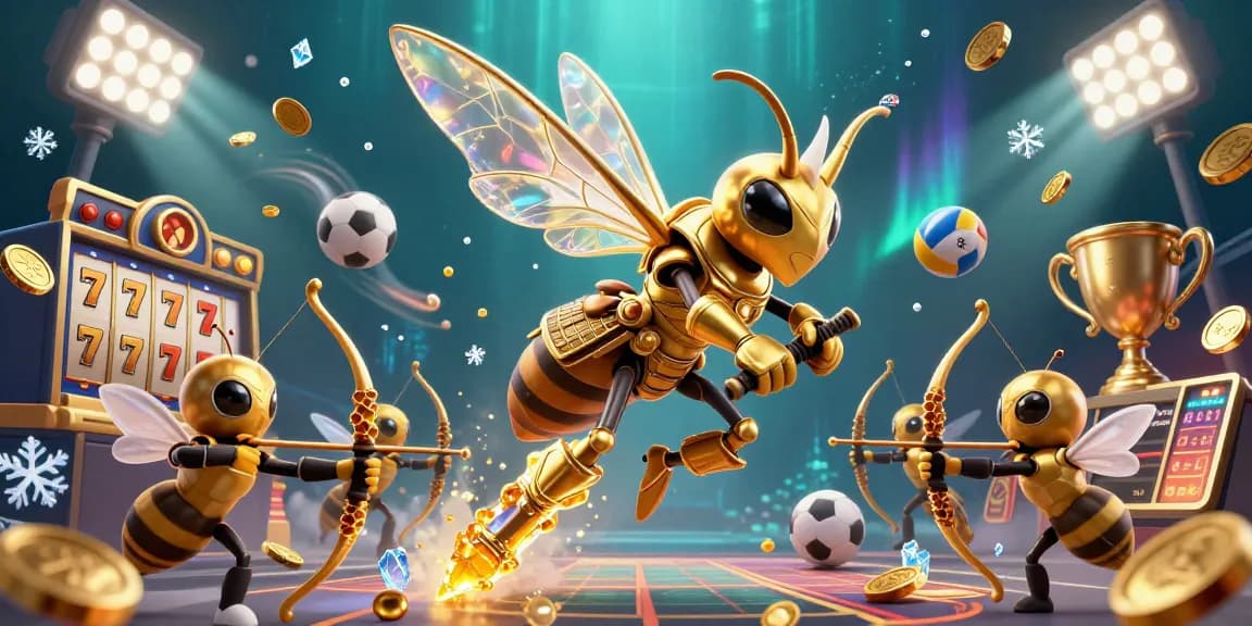 Situs slot showcases a vibrant gaming scene with golden hornet samurai and casino elements, illustrating dynamic gameplay.