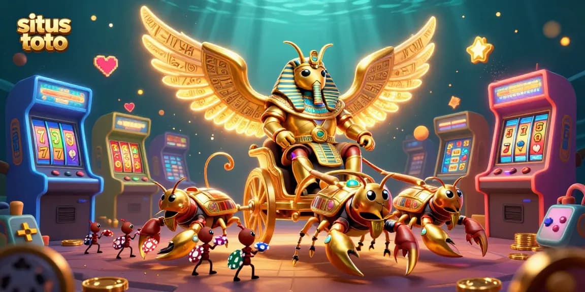 A vibrant illustration showcasing situs toto with a golden scarab beetle, jewel-encrusted scorpions, and gaming elements.