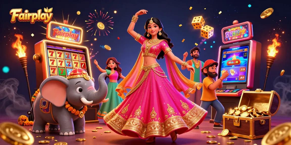 Experience Fairplay with vibrant 3D casino characters, slot machines, and gold elements bursting in action.