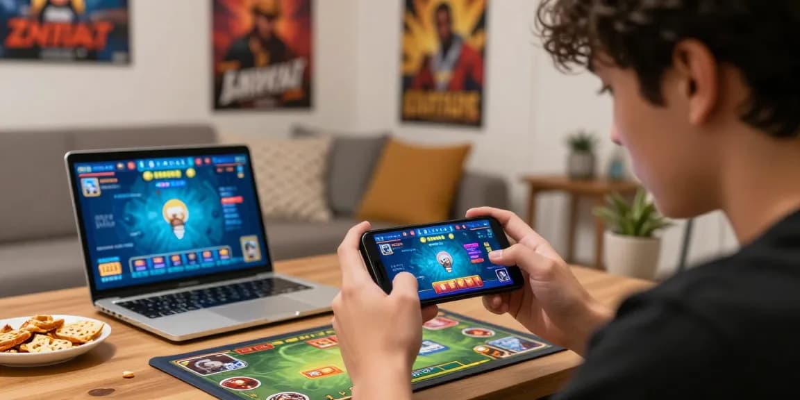 Earn money while enjoying the 3Patti Blue gaming experience at home, featuring a player engaging with vibrant game graphics on their smartphone.