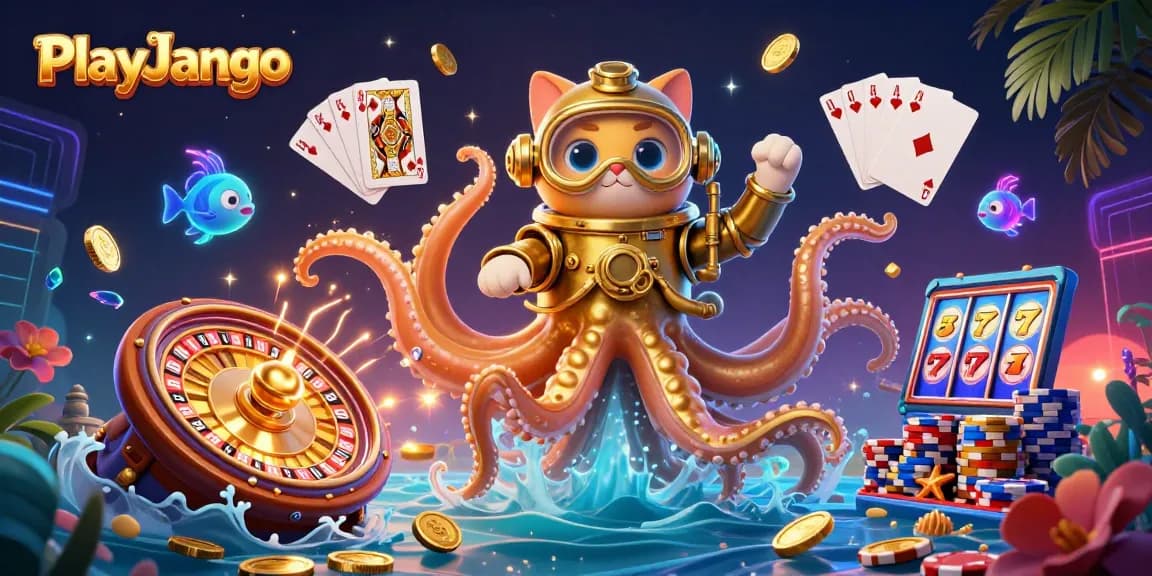 Engage with PlayJango's thrilling atmosphere featuring a kraken, diving cat, and treasure elements.