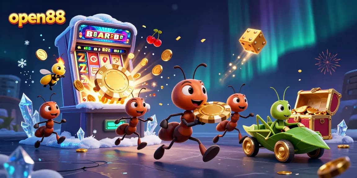 Experience open88's thrilling gameplay with a team of ants stealing a giant poker chip amidst casino action.