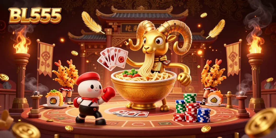 Engage with the BL555 casino experience featuring a vibrant giant ramen bowl character, game elements, and lively atmosphere.