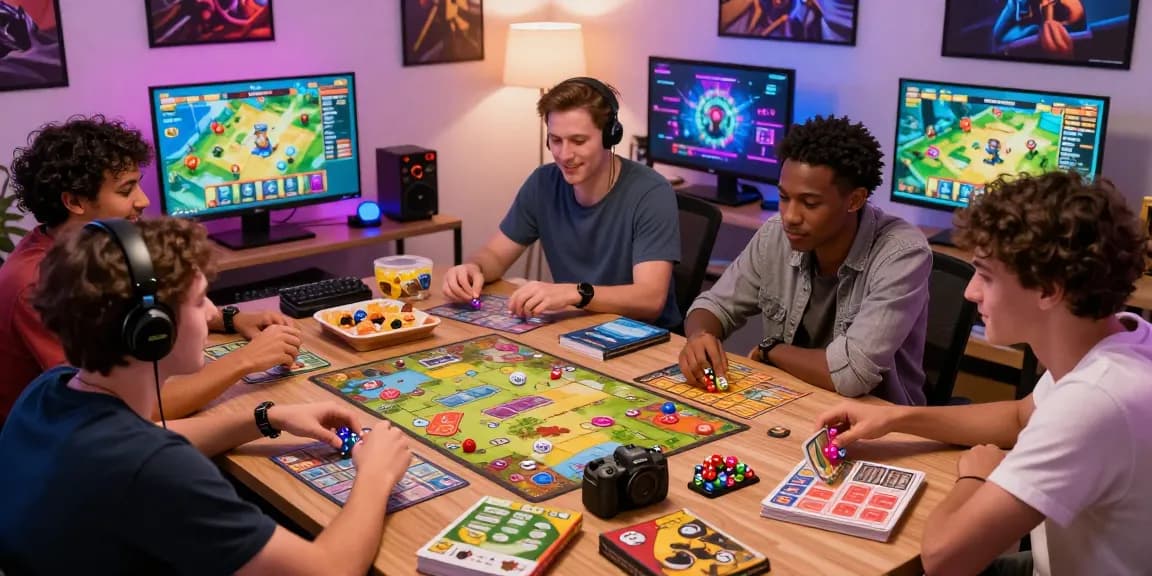 Friends enjoying game bài đổi thưởng in a cozy living room, featuring colorful accessories and engaging screens.