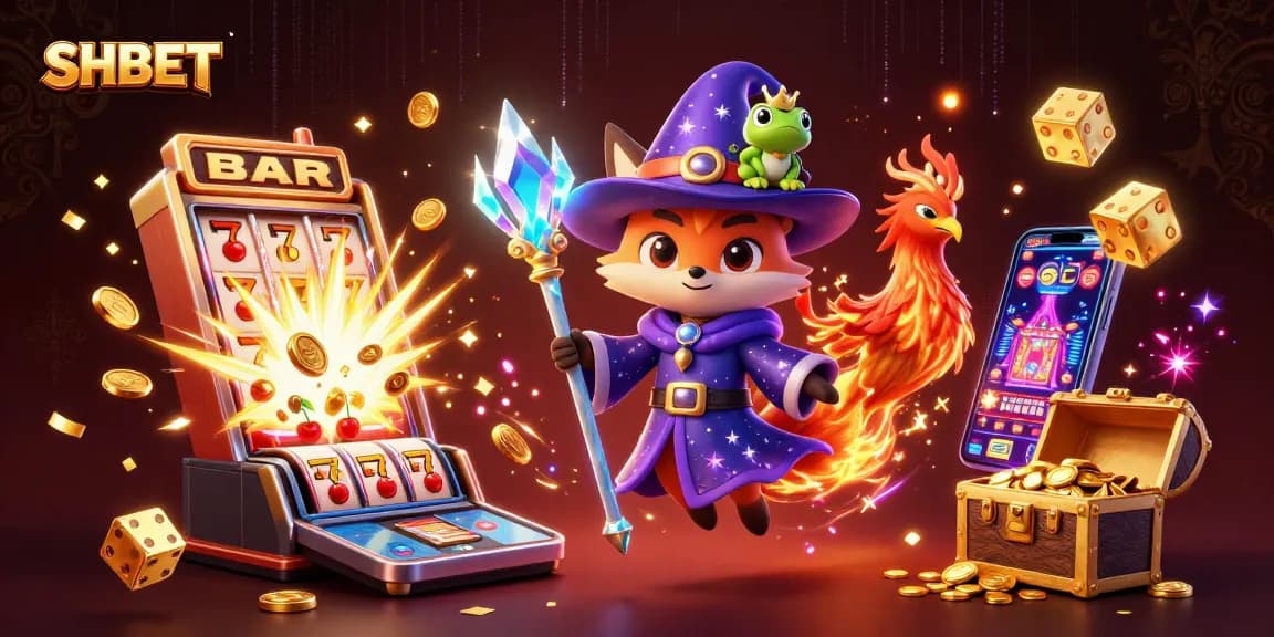 Engage with SHBET's exciting casino games featuring a wizard fox and phoenix amidst vibrant slot machine action.