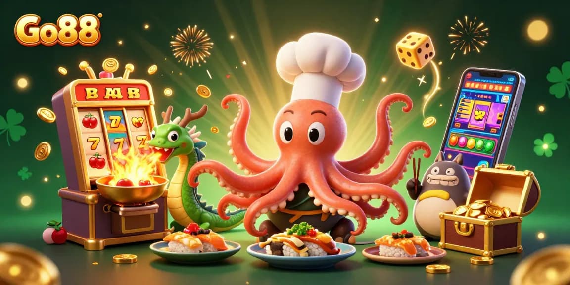 Experience the excitement of Go88 with a vibrant slot machine and animated characters.