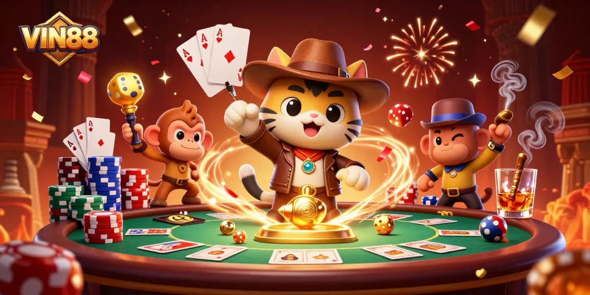 Witness the vibrant exploration of VIN88 as the archaeologist cat and monkey unveil casino treasures.