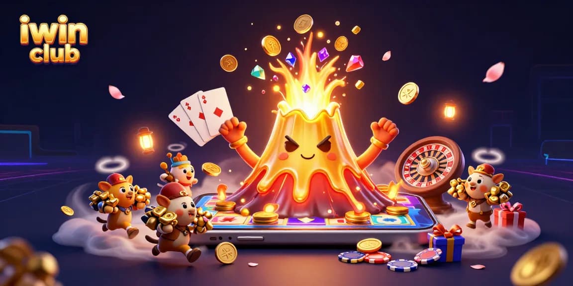 Play exciting games at iwin club, featuring a triumphing volcanic treasure eruption and dynamic gaming elements.