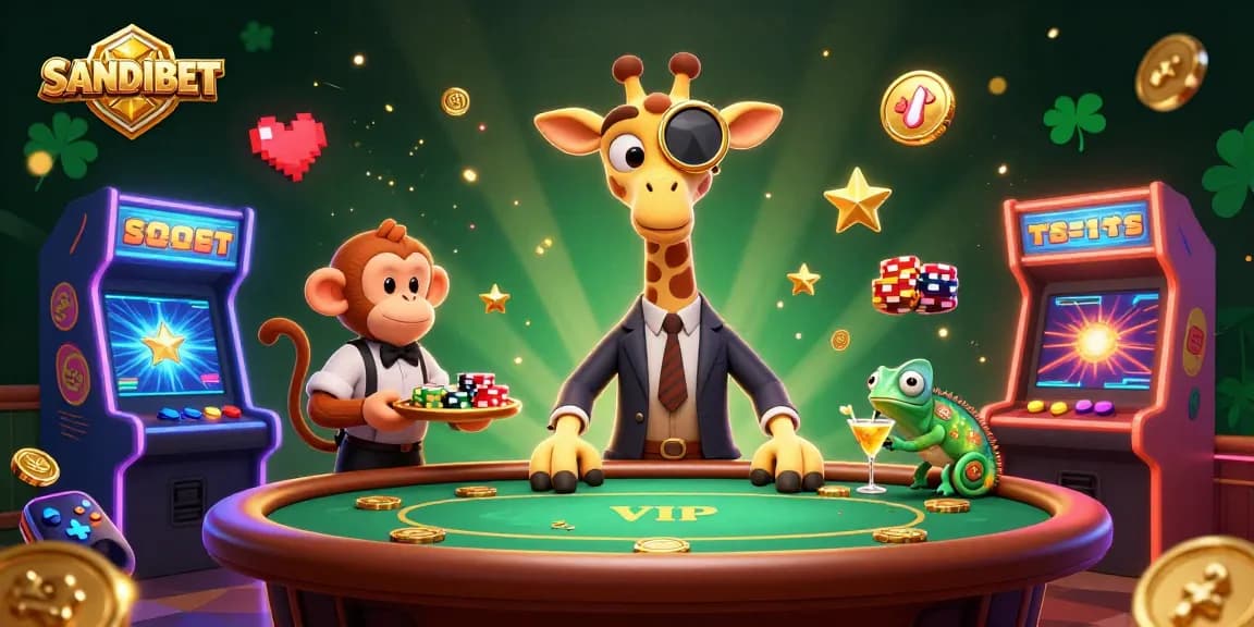 SANDIBET swings with excitement as a giraffe in a suit, a monkey valet, and a chameleon bartender celebrate big winnings in an animated casino