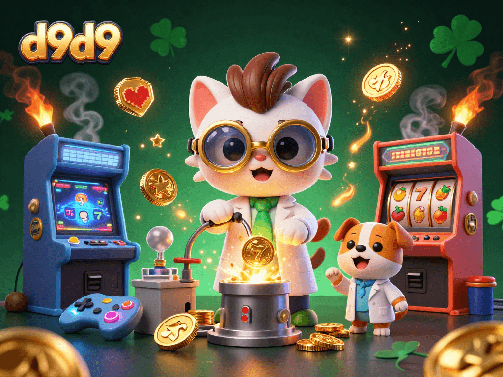 larawan ng d9d9 na naglalaro ng slot game kasama ang mga mataas na RTP at masayang karakter