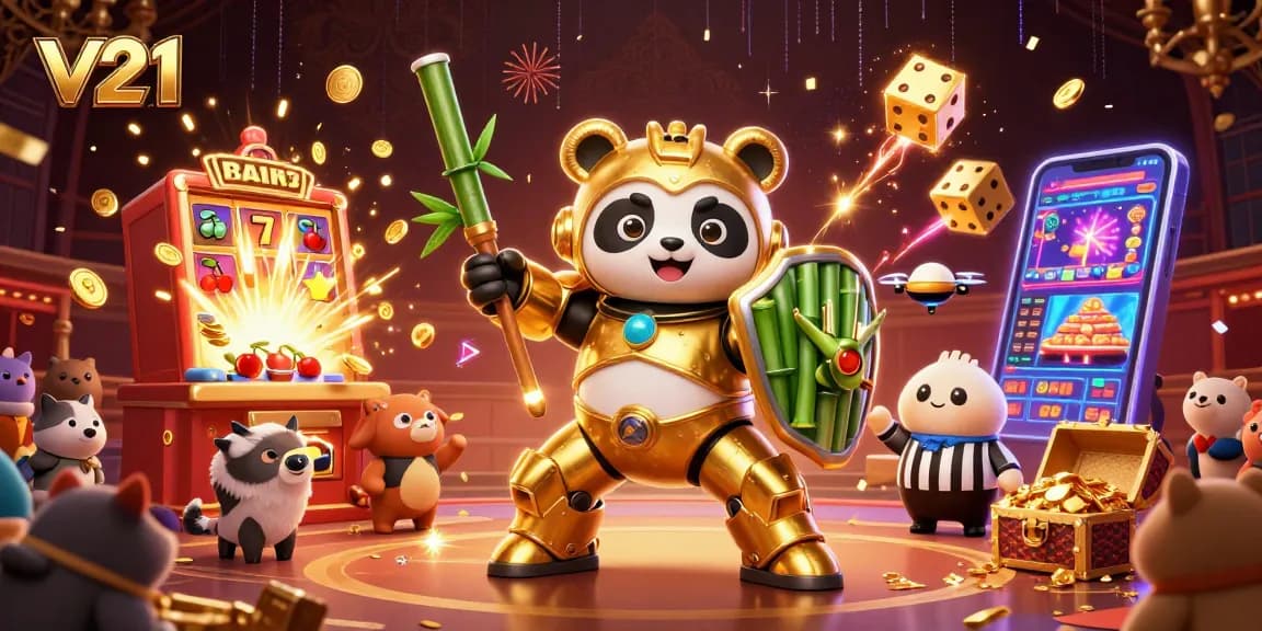 Slot V21 yang berkilauan dengan simbol jackpot dan karakter lucu dalam suasana kasino yang meriah.