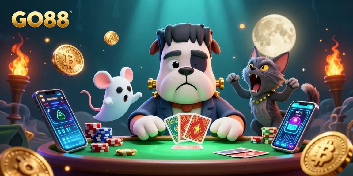 Engagingly win at GO88 with lively characters in a vibrant casino setting, featuring unique gambling elements.