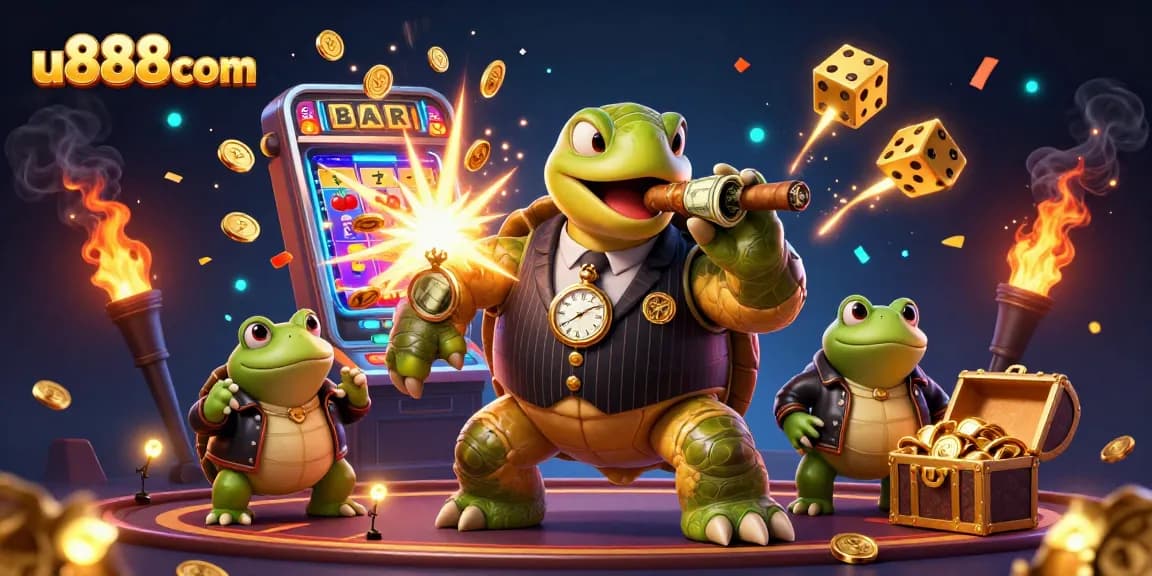 u888com showcases a dynamic cartoon casino scene with a snapping turtle in mobster attire and jackpot elements