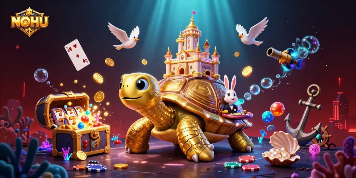 Engaging NOHU promotional illustration showcasing a vibrant casino scene with cartoon elements and gold coins.