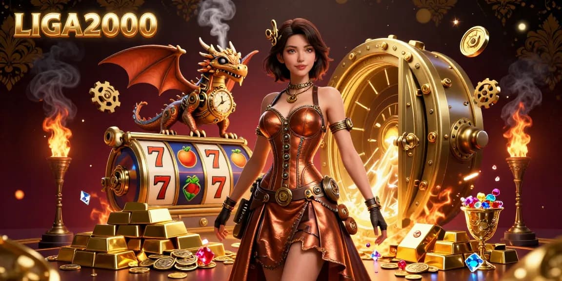 Aksi slot LIGA2000 menampilkan seorang wanita steampunk dan naga mekanik dikelilingi harta karun dan elemen permainan yang cerah.