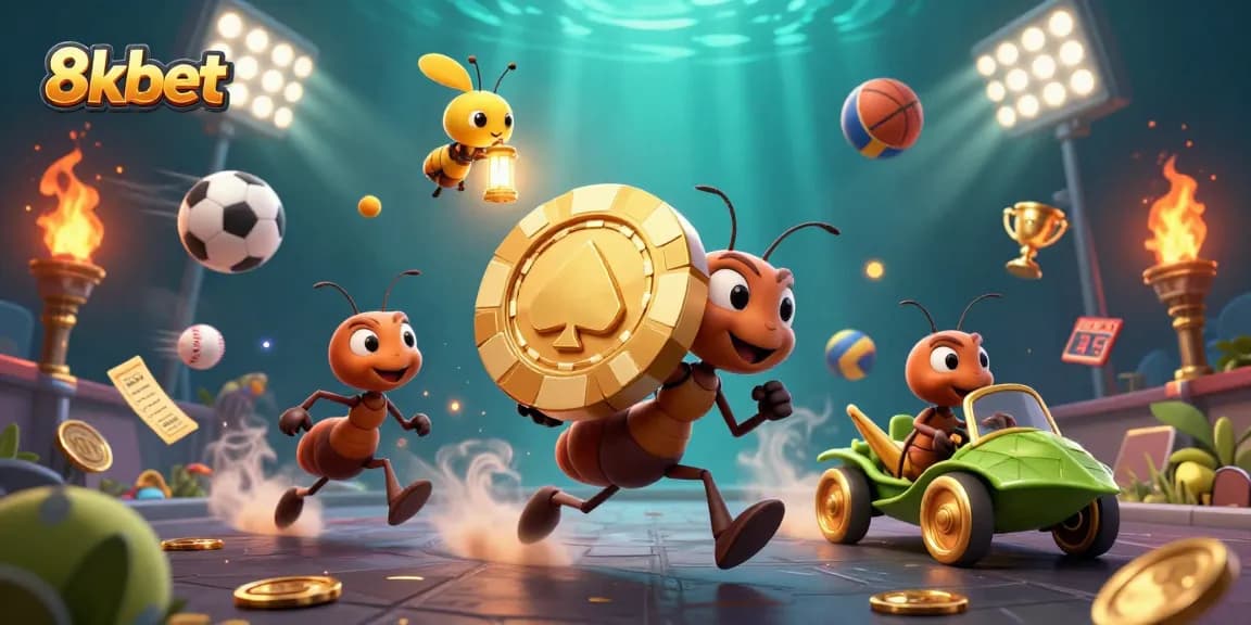 Engage with 8kbet's thrilling heist scene featuring ants, poker chips, and dynamic gambling elements.