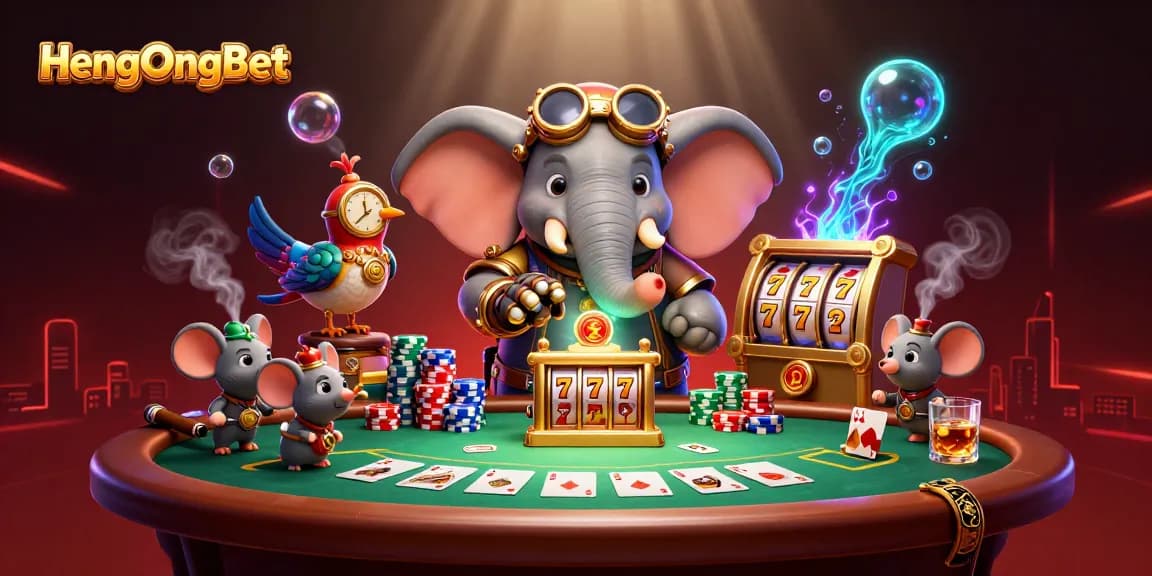 Engage with HengOngBet's vibrant 3D scene featuring a steampunk elephant at a slot machine, rich in casino elements.