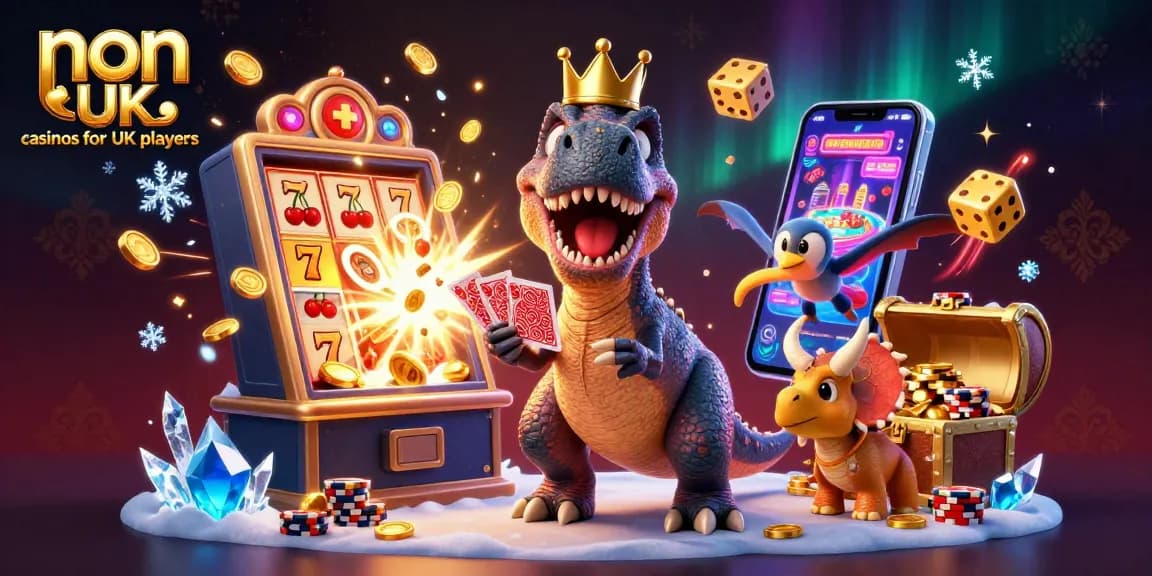 Engage with non UK casinos for UK players in 2026 through a dynamic 3D illustration featuring casino elements.
