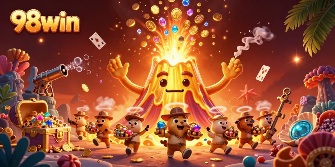 Win treasures at 98win's exhilarating casino experience with vibrant golden volcano and treasure elements.