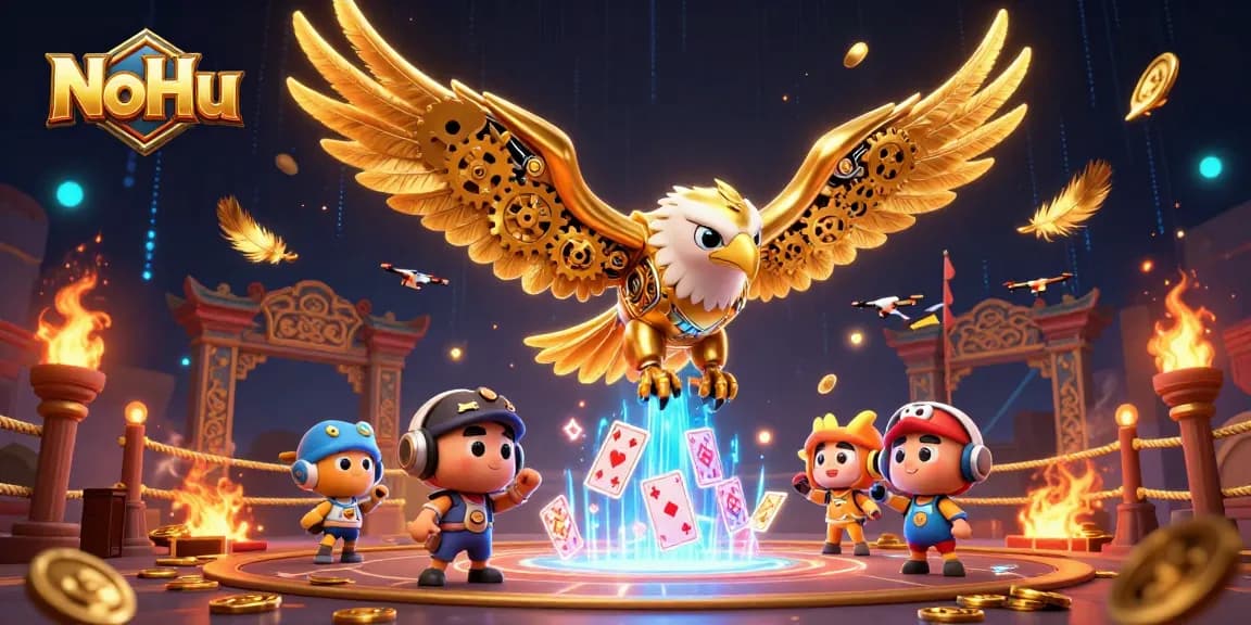 NoHu showcases a dynamic scene with a golden eagle and holographic cards, inviting gamers into thrilling slots.