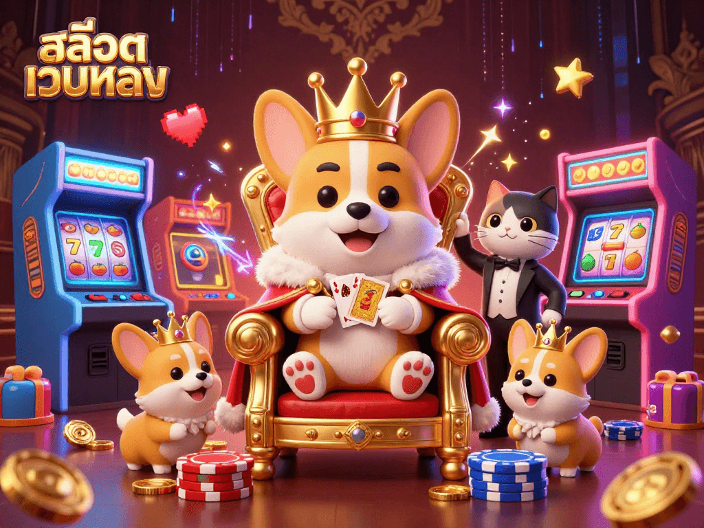 Spin lucky slots with สล็อตเว็บตรง, featuring a royal corgi on a poker chip throne.