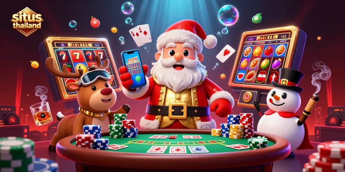Engage in situs thailand slot games with vibrant reels and jackpots in a festive casino scene.