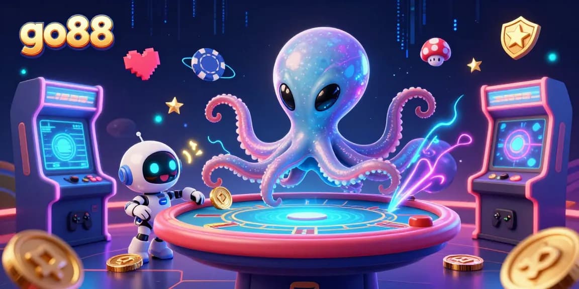 Play on the go88 platform with an alien octopus at a holographic poker table amidst colorful casino elements.