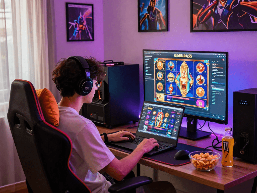 Engaging online gaming setup showcasing vibrant slot games at https://garuda55.com/ with snacks and LED lighting.