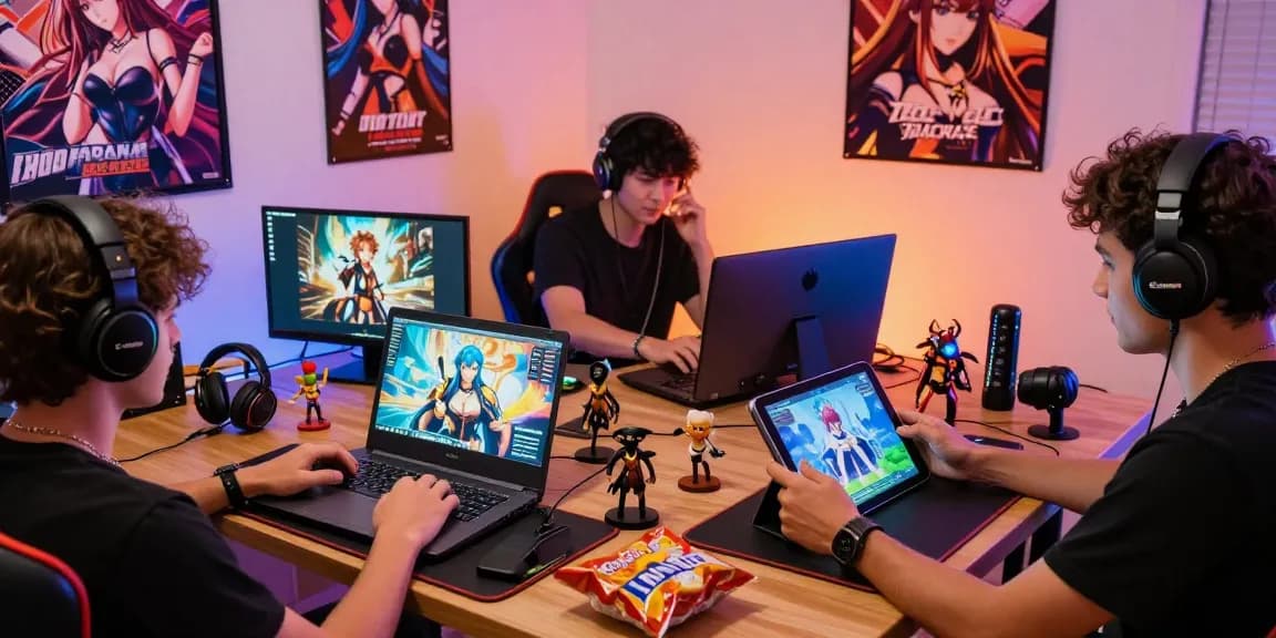 Engaging scene of players enjoying hentai games on various devices in a cozy gaming setup.