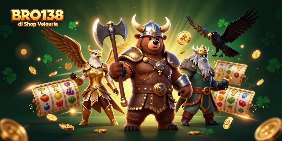 Experience thrilling slots action at BRO138 di Shop Velouria with a Viking, eagle, and mystical ravens.