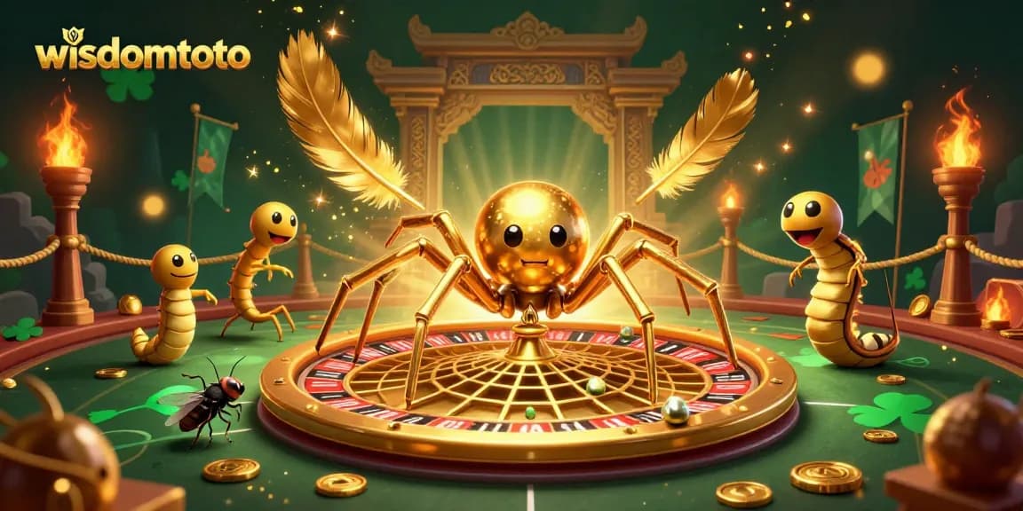 Menangkan taruhan di wisdomtoto dengan ilustrasi 3D menarik yang menggambarkan laba-laba emas dan pengatur permainan.