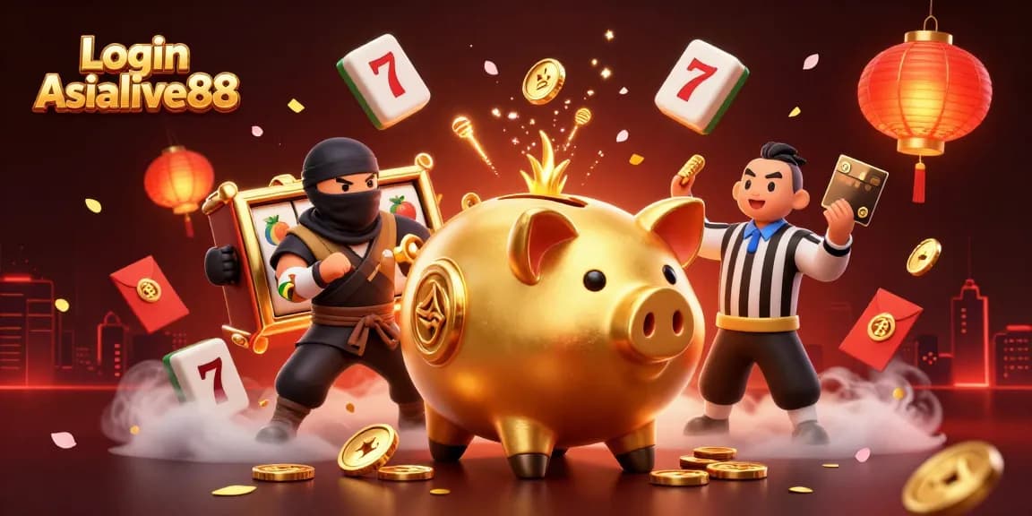 Engage in thrilling excitement with Login Asialive88 casino's golden piggy bank sumo wrestler illustration.