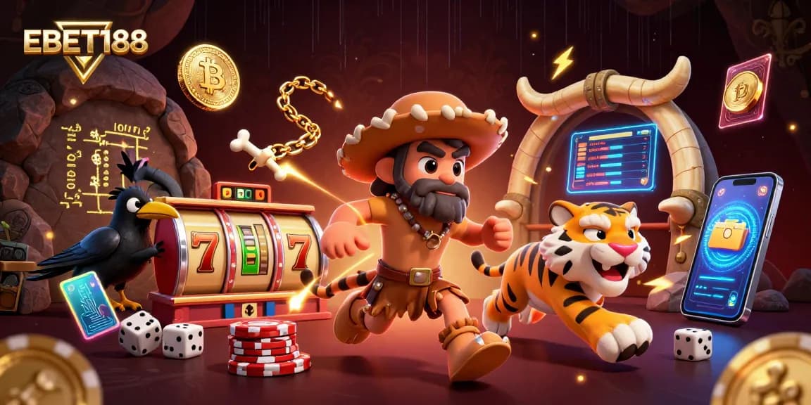 Experience the excitement of EBET188 with a dynamic casino scene featuring unique characters and gaming elements.