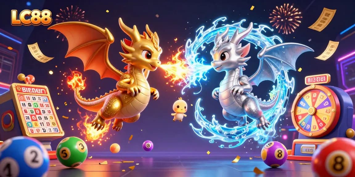 Engage with LC88's thrilling lottery experience featuring dynamic dragons and vibrant game elements.