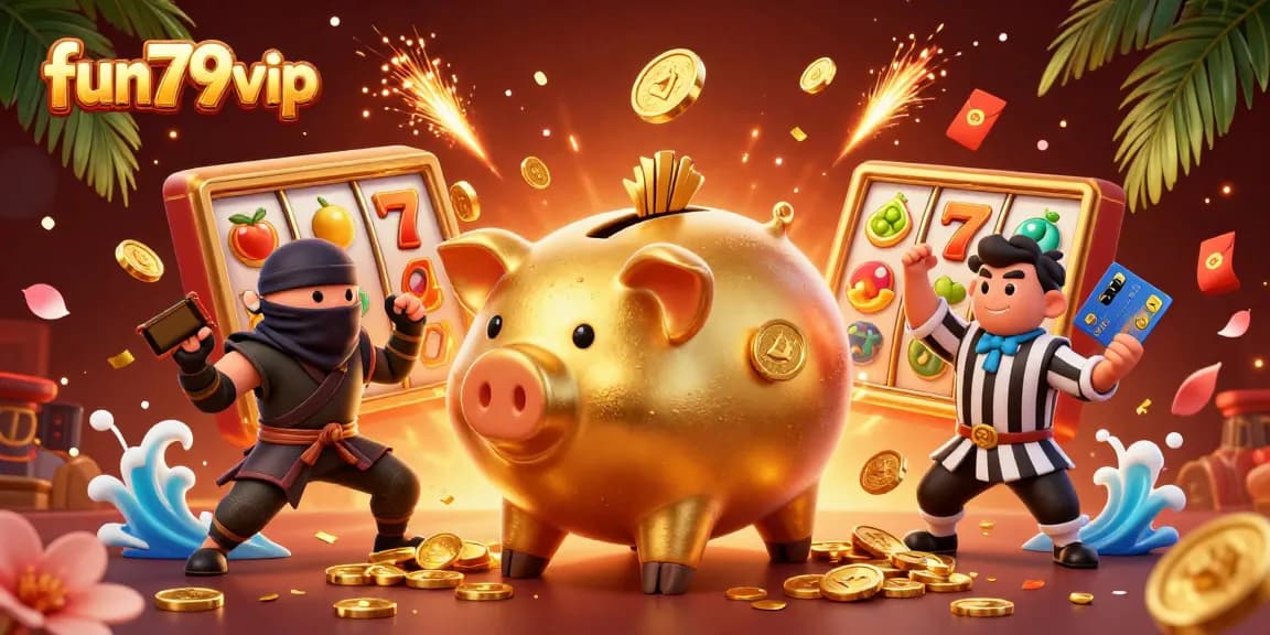 Join the excitement at fun79vip, featuring a dynamic casino scene with slots, characters, and festive elements.