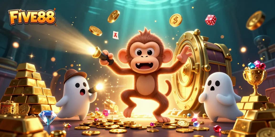 Join the fun at FIVE88 with our ghost-hunter puppy and poltergeist monkey in a vibrant casino scene!