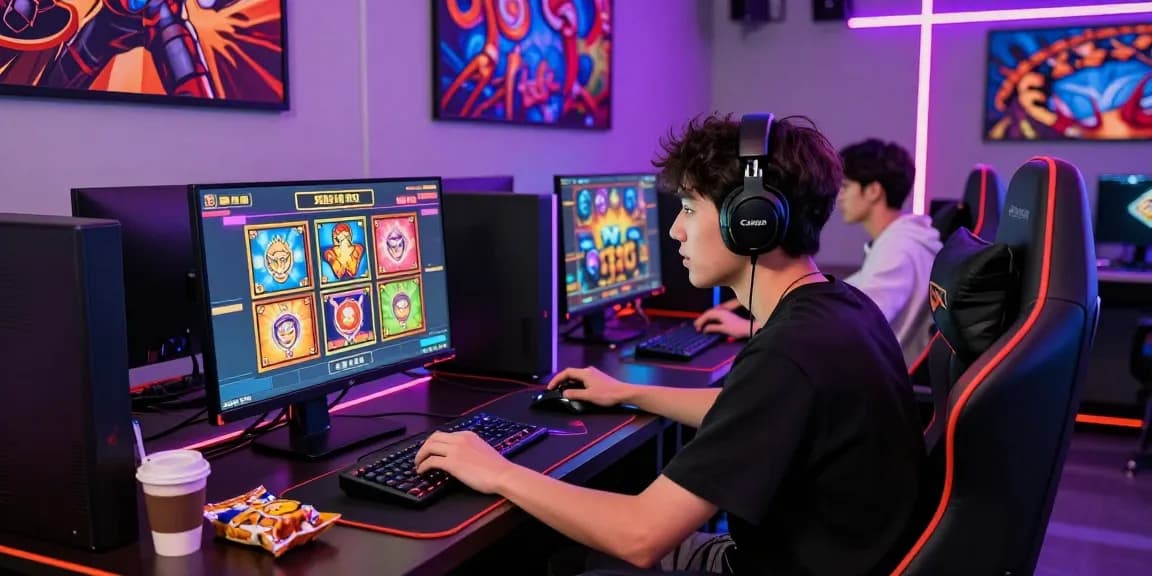 Gamer bermain slot online pawangslot dengan antusias, tempat bermain modern dan aksesori gaming lengkap.