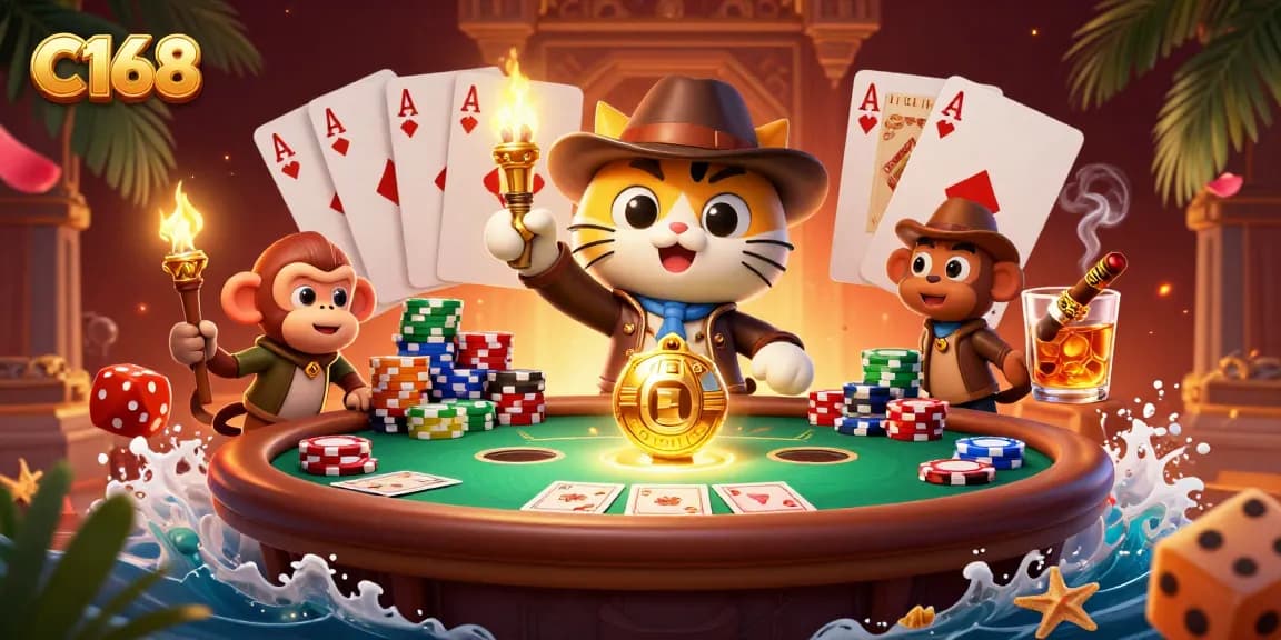 C168 logo showcases a cat archaeologist and monkey companion discovering unique casino artifacts in an exciting gambling scene.