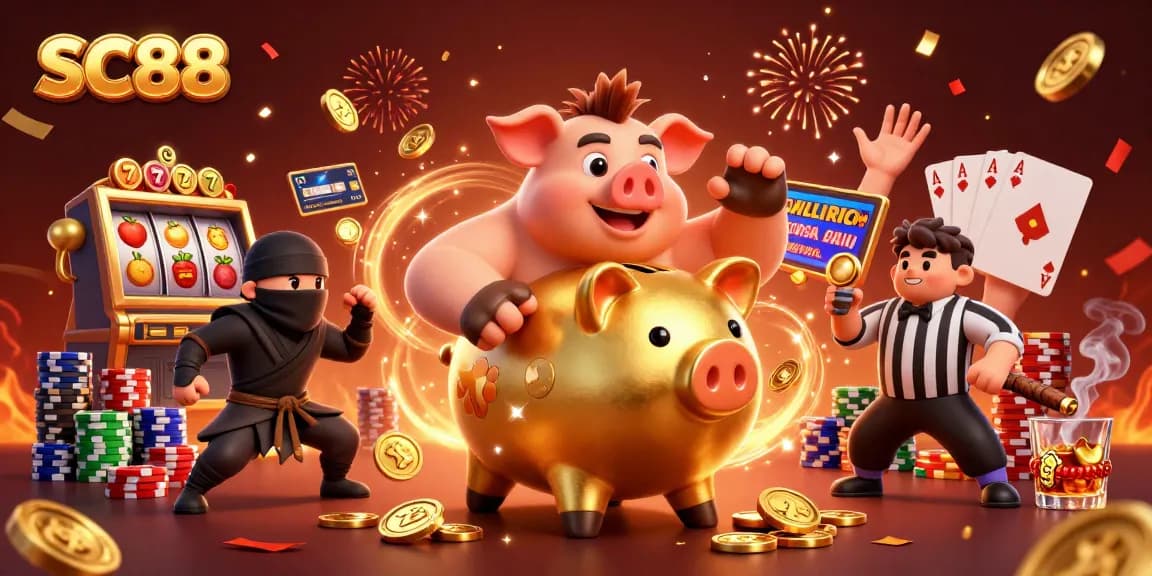 SC88 slot game excitement featuring a dynamic golden piggy bank sumo wrestler surrounded by vibrant casino elements.