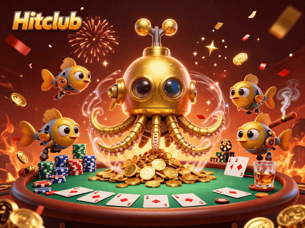 Hitclub promotional illustration featuring a golden kraken submarine in a vibrant casino scene.