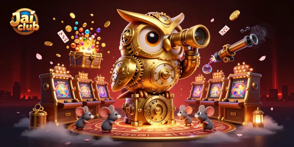 Experience thrilling gameplay at Jai club with a whimsical casino scene featuring a gear-driven owl and bustling patrons.