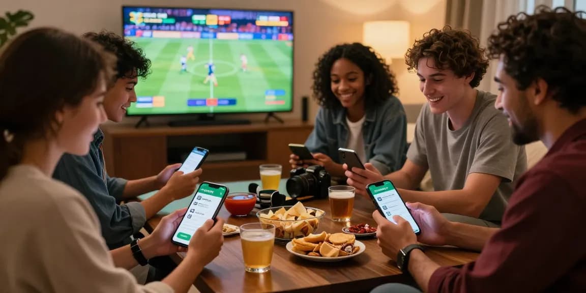 Friends enjoying online betting with the Lotus365 app, amidst snacks and live sports.