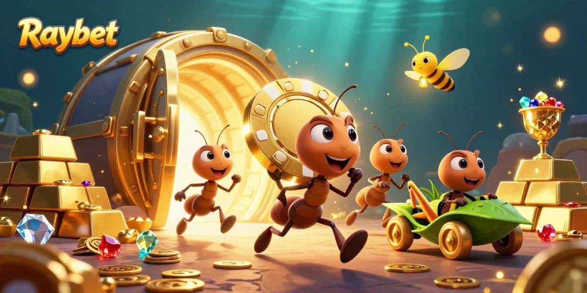 Raybet excitement with animated ants carrying a giant poker chip in a colorful casino heist.