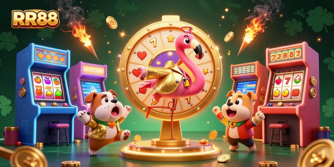 Spin the golden prize wheel with RR88 while the excited bulldog contestant celebrates, showcasing vibrant casino game elements.