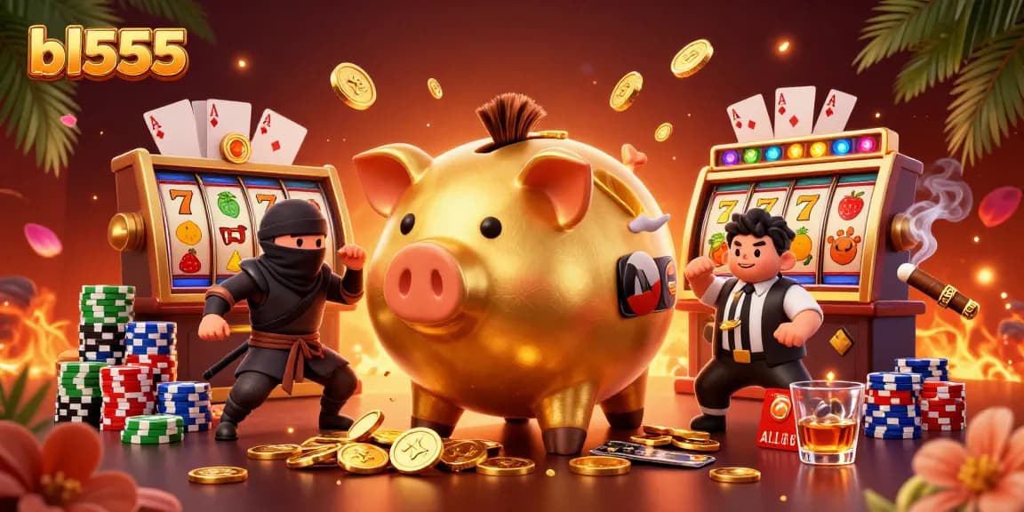 Engage with the excitement at bl555, featuring a golden piggy bank sumo wrestler amidst vibrant casino action with slot symbols.